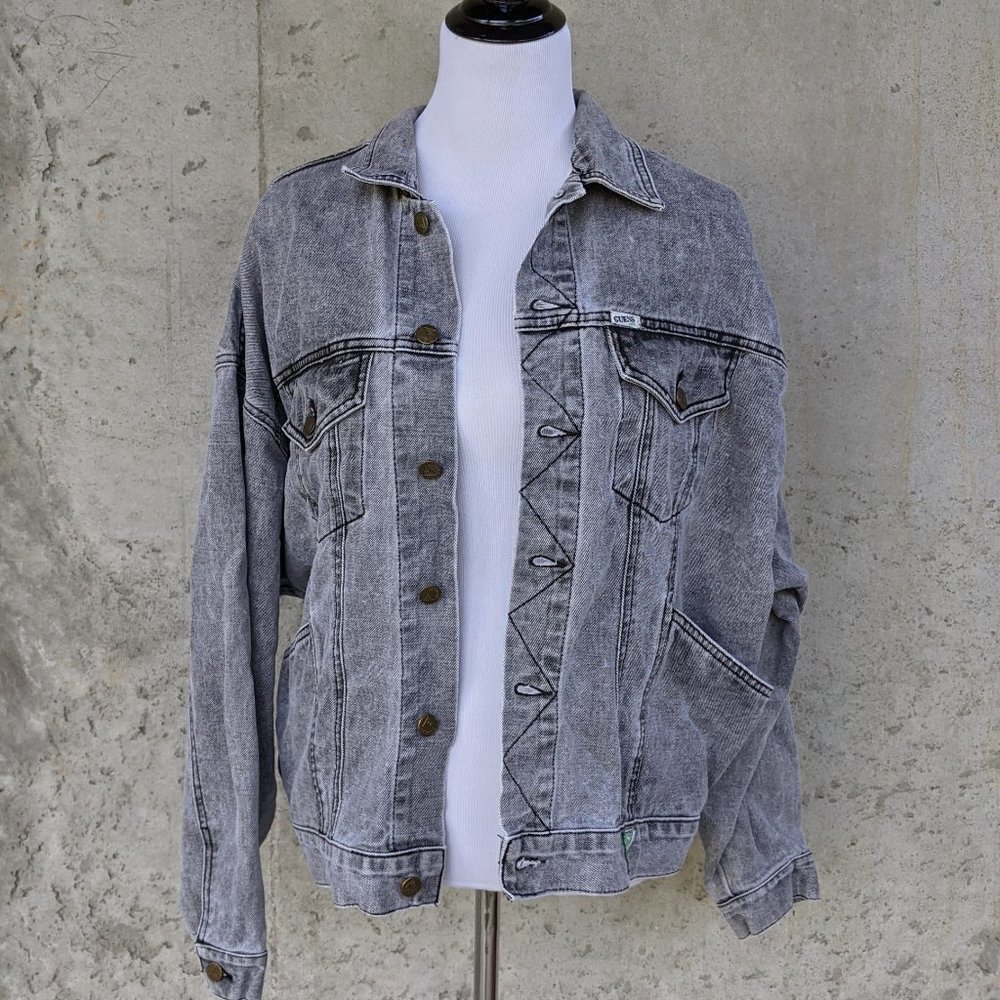 Vintage Men's Georges Marciano for Guess Distressed Gray Jean Jacket, Size S